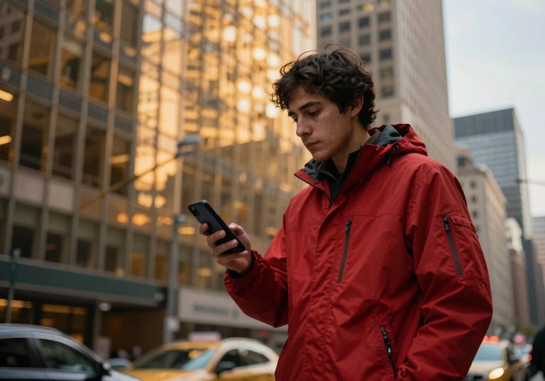 A street-level photography shot in a North American / US city, showing a person using a mobile app while walking. They wear a Crimson Red jacket, and the Vibrant Amber morning light reflects off the surrounding glass buildings.