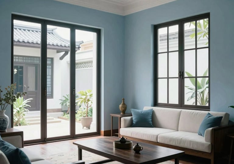 An elegant interior shot of a minimalist Southeast Asian residential living room with large windows, soft blue and white decor, and clean architectural lines.