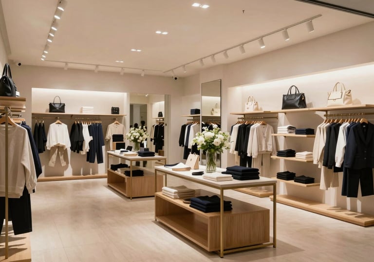 A brightly lit International / Global retail boutique interior, focusing on the sophisticated atmosphere and modern decor. The lighting is soft and approachable.
