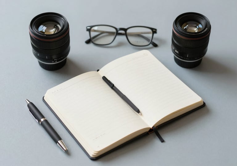 A clean, minimalist flat-lay of professional marketing tools and a notebook on a light blue-grey surface in a International / Global creative studio. The composition is structured and authoritative.