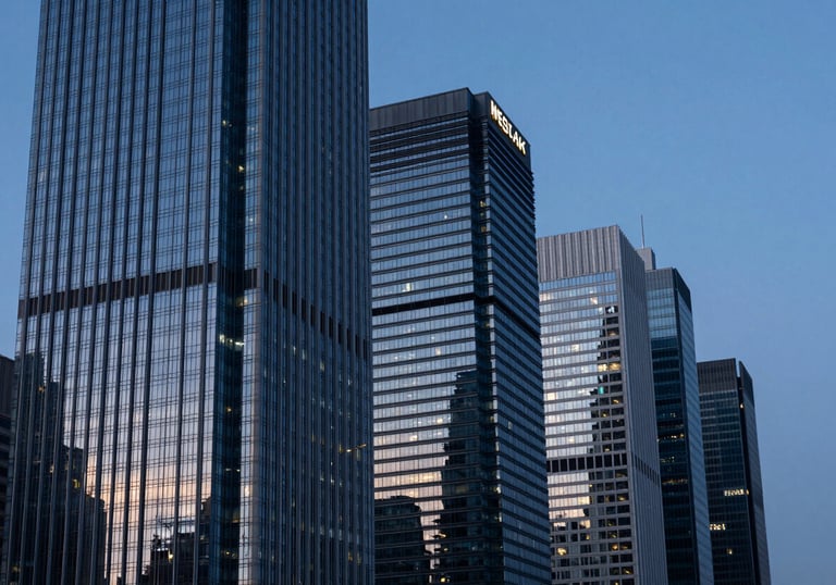 High-rise skyline at dusk in a global financial center, reflecting professional ambition, featuring Dark Navy Blue and Steel Blue tones.