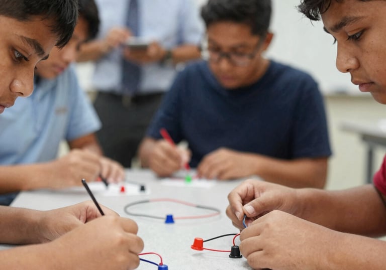 A group of students collaborating around a table filled with science experiment materials, with red and black accents.