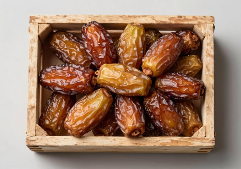 A top-down photographic view of golden Egyptian dates arranged elegantly in a rustic wooden crate, Middle Eastern / International B2B style, sharp focus, clean background.