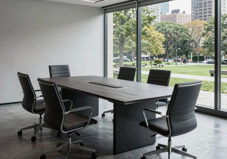 A minimalist North American / US boardroom setting featuring a large slate table, sleek ergonomic chairs, and a large window overlooking a city park.