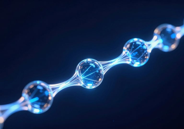 A macro photography shot of glowing electric blue light passing through transparent glass nodes, representing blockchain technology. Sophisticated lighting, deep navy background.