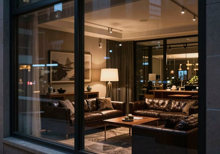 A high-end North American city view at night through a large window, with reflections of a comfortable interior and dark leather seating.