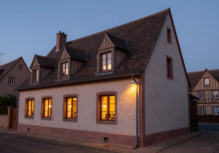 A wide shot of a traditional house in the Bas-Rhin region at twilight, with warm interior lighting and a subtle security camera visible on the corner.