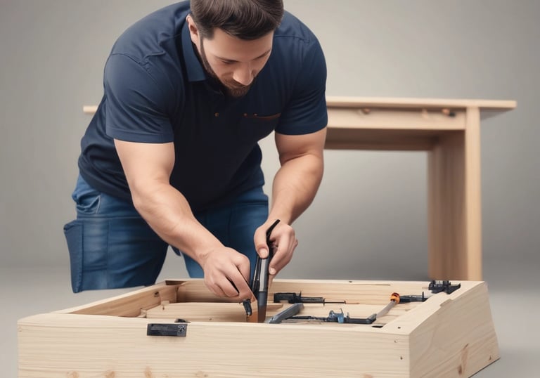 Satisfied customer smiling next to newly assembled furniture.