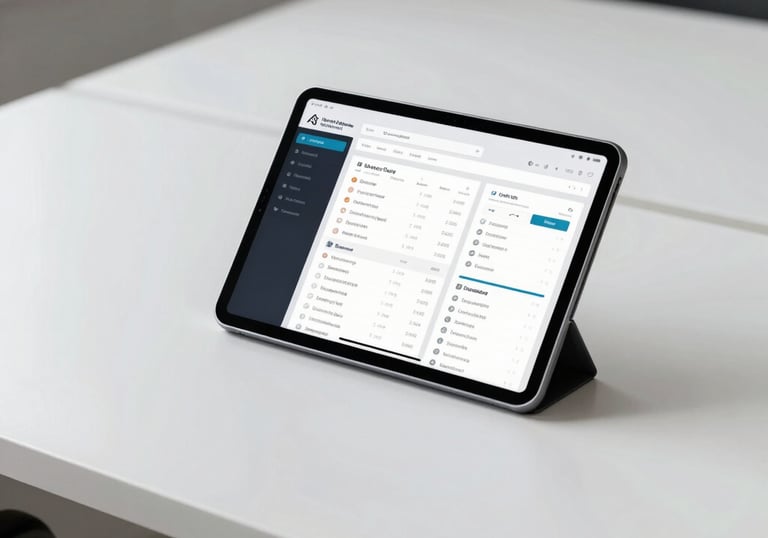 A clean, minimalist white workspace in a North American corporate setting with a tablet displaying a secure dashboard.