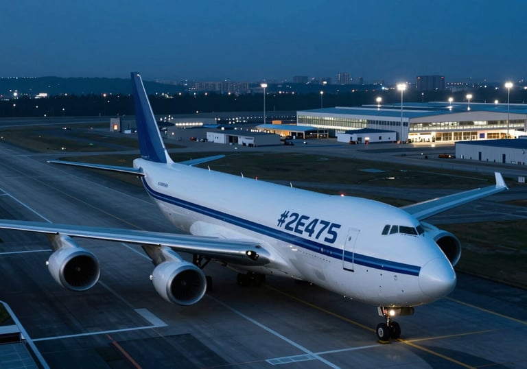 An aerial shot of a large air cargo plane on a runway at night, with cool blue lighting (#2E475B) and the lights of a modern logistics hub in the background.