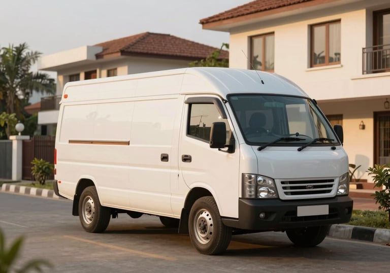 A wide shot of a clean, well-maintained commercial vehicle parked in a modern South Asian / Indian residential area, golden hour lighting.