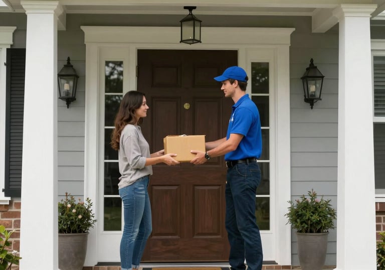 A smiling delivery person handing a red shirt package to a happy customer at their door.