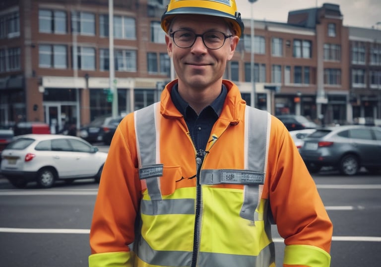 Close-up of a Dutch traffic controller in orange vest giving directions on a city street.