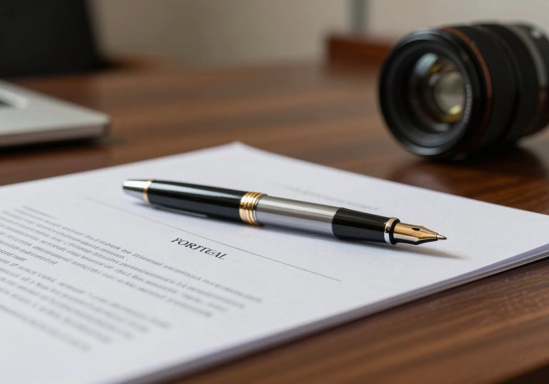 A close-up of a high-quality pen resting on a legal document on a mahogany desk, with blurred office background, professional and sophisticated atmosphere in Portugal.