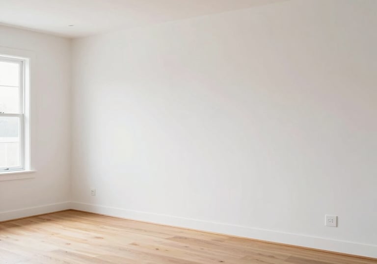 A clean, finished interior of a newly built modern North American home, featuring white walls and natural wood flooring. Minimalist and professional style, high-end construction.
