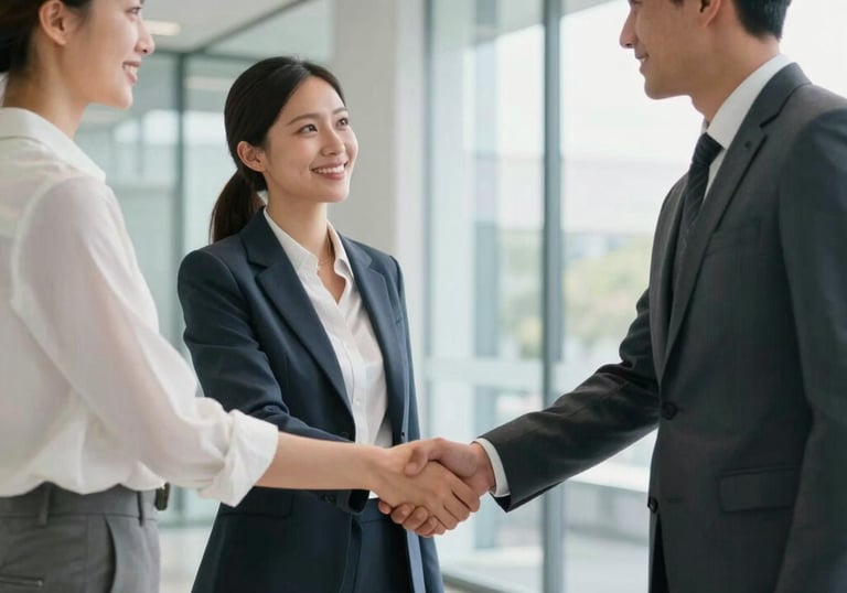 Two professionals in North American business casual attire shaking hands in a bright, modern corporate lobby with clean glass walls.
