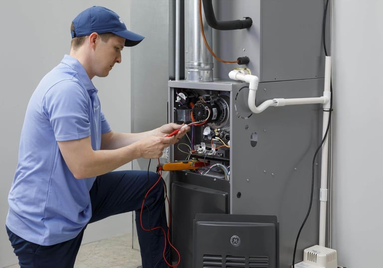 Professional HVAC technician performing a furnace repair and diagnostic check using a multimeter.