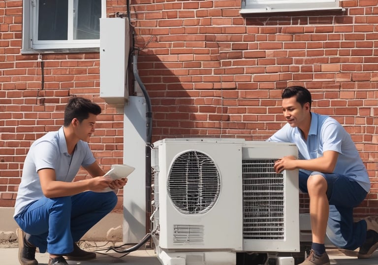 Students practicing air conditioning repair on units in a hands-on classroom setting.