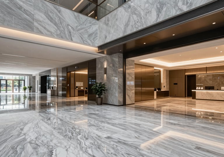 A wide-angle interior shot of a commercial lobby featuring perfectly polished grey marble floors and smooth, open modern architecture.