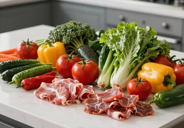 A variety of fresh, colorful vegetables and lean protein sources on a clean North American kitchen counter. The composition is modern and highlights healthy food as the foundation of fitness.