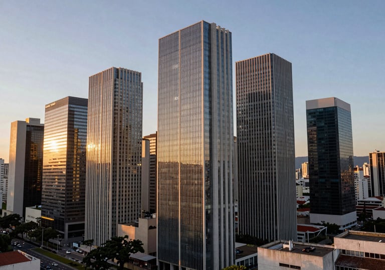 A wide shot of a modern financial district in a South American Brazilian city during sunset, reflecting professional success and urban growth.