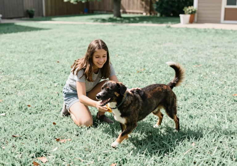 A happy family pet playing on a bright, soft mint green lawn in a North American / US backyard. The setting is sunny, conveying a safe and protected home environment.