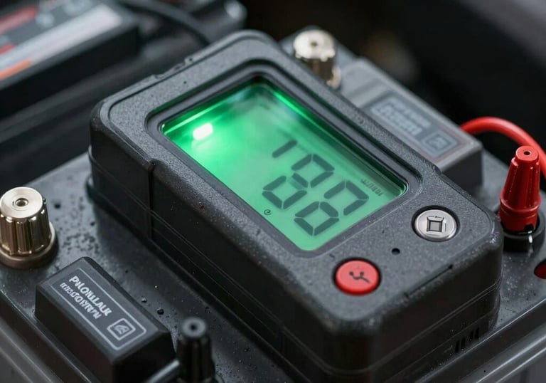 Close-up of a digital battery tester showing a green light on a car battery, sharp focus, professional mechanic workshop setting.