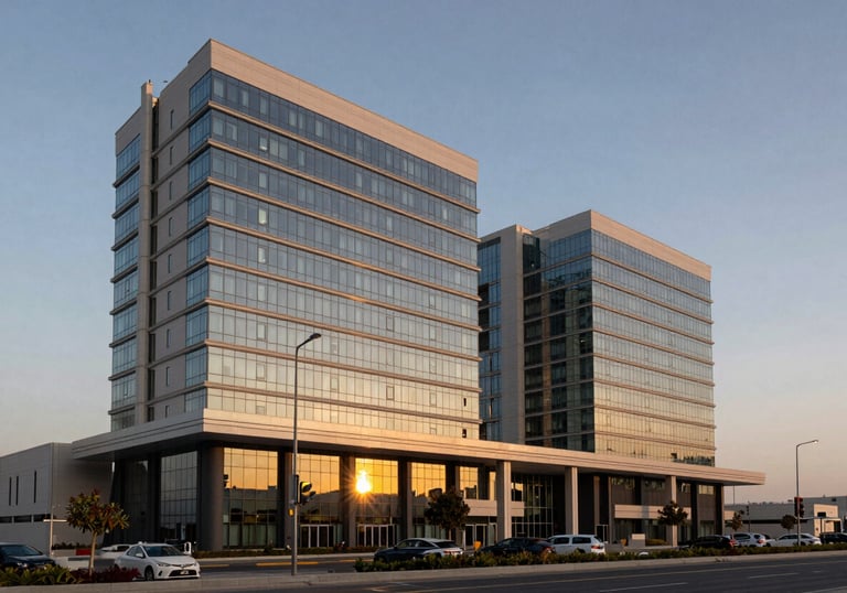 The sleek, modern exterior of a luxury hospital building at dusk in a Global / Western & GCC Business city, reflecting golden sunset light.