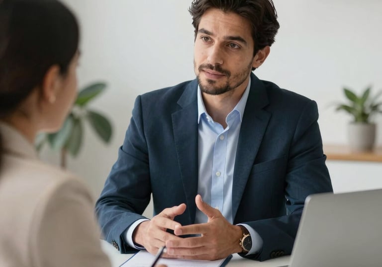 Professional real estate advisor talking on the phone with a client, in a modern office.