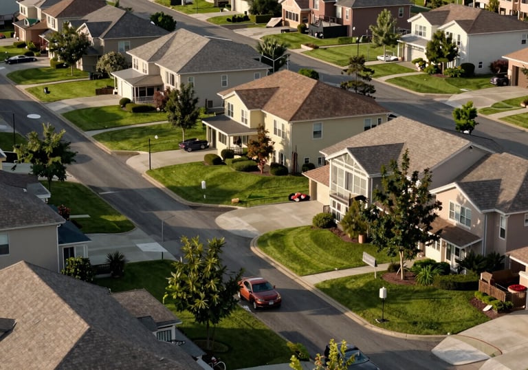 A pristine residential neighborhood with clean rooflines and lush green lawns, shot from a high angle in soft afternoon light.