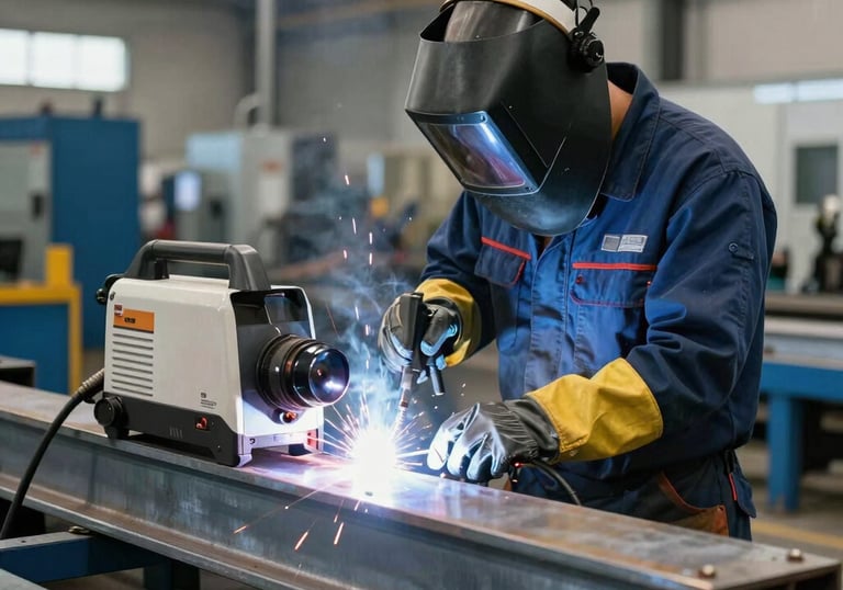 A professional photograph of an industrial fabricator in a clean workshop, using a MIG welder on a large steel frame. The scene is well-lit, showing the protective gear and the industrial blue and grey environment.