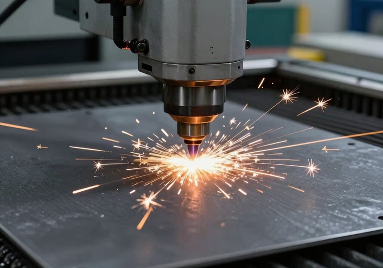 A photograph capturing the bright sparks of a precision laser cutting head as it slices through a dark grey steel plate. The background is a dimly lit, high-tech industrial environment, emphasizing the advanced technology used.