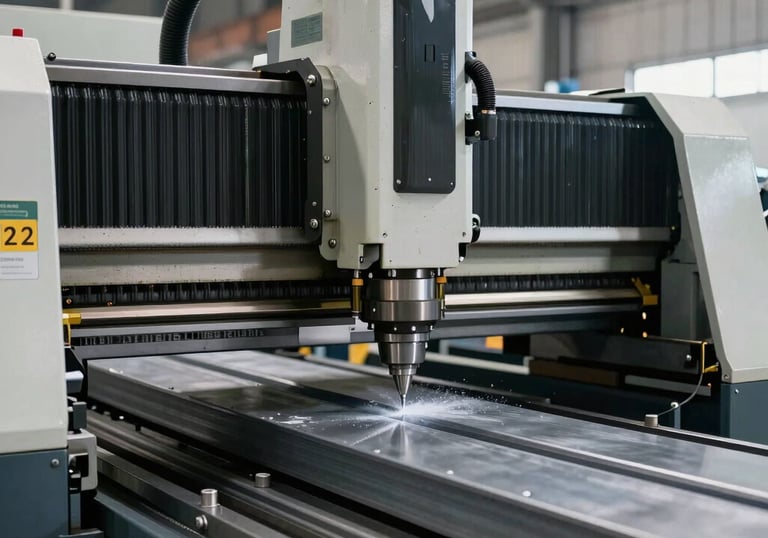 A detailed photograph of a large multi-axis CNC bending machine in a North American factory setting. The machine is actively shaping a thick piece of grey steel. The lighting is sharp and industrial, highlighting the precision of the engineering equipment.