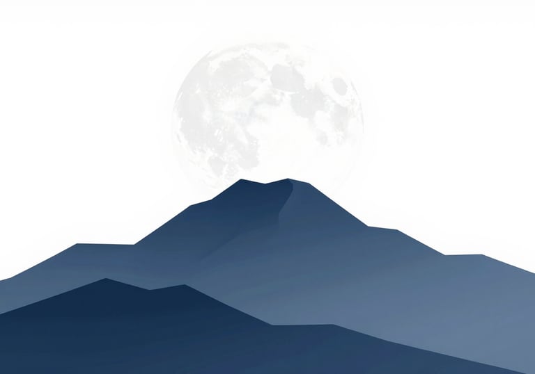 A minimalist illustration of a moon rising over a mountain range, using clean lines and a palette of #2C3E50, #5D7E8C, and #AABEC6 on a bright #F0F5F7 background.
