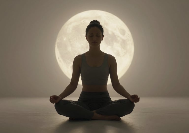 A person sitting in a peaceful seated meditation, silhouetted against a soft, glowing light source reminiscent of a full moon, with a calm and premium aesthetic.