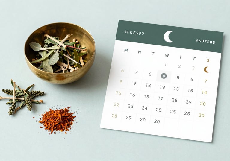 A flat lay of organic Ayurvedic herbs, a brass bowl, and a lunar calendar, photographed in a clean, minimalist style with #F0F5F7 as the background and #5D7E8C accents.