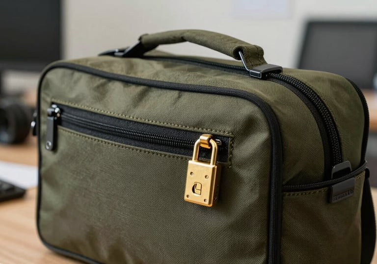 Close-up of a secure, heavy-duty transit pouch with a specialized gold-colored lock being zipped shut in a professional South American office environment.