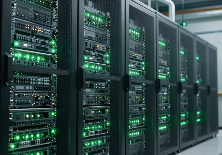 A team of engineers collaborating over AI platform blueprints with solar panels visible outside.