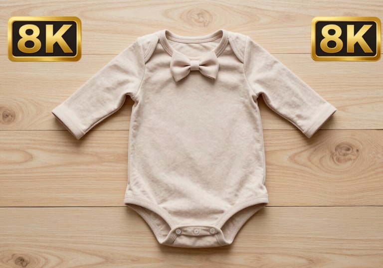 A flat-lay photograph of a baby girl's outfit in soft beige (#F8F5F2) and a tiny matching bow, on a light wooden background.