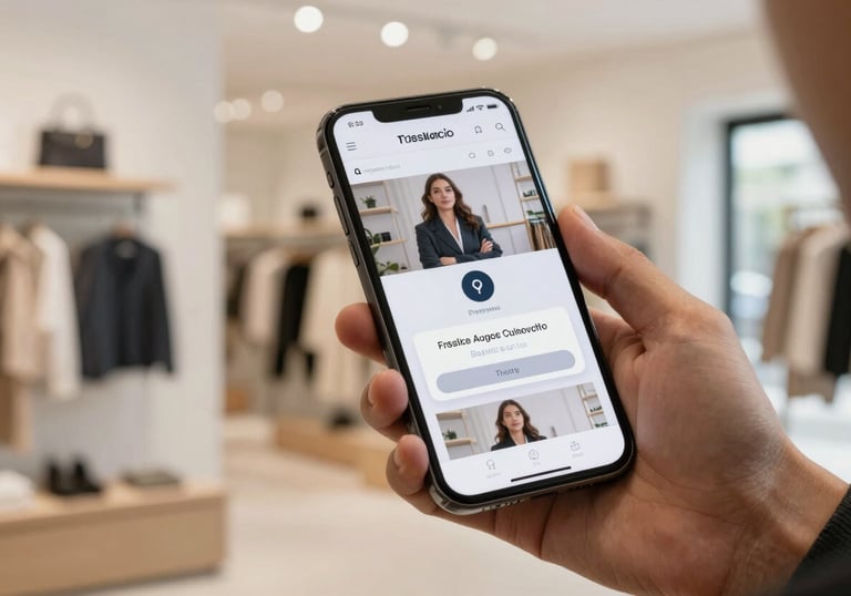 A person holding a modern smartphone in a bright, minimalist Spanish boutique. The screen displays a professional website and a notification for a new direct customer booking.