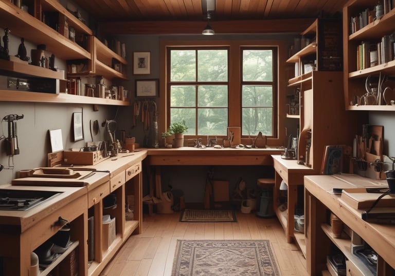 An inviting workspace with various finished wooden items including cutting boards and small projects.