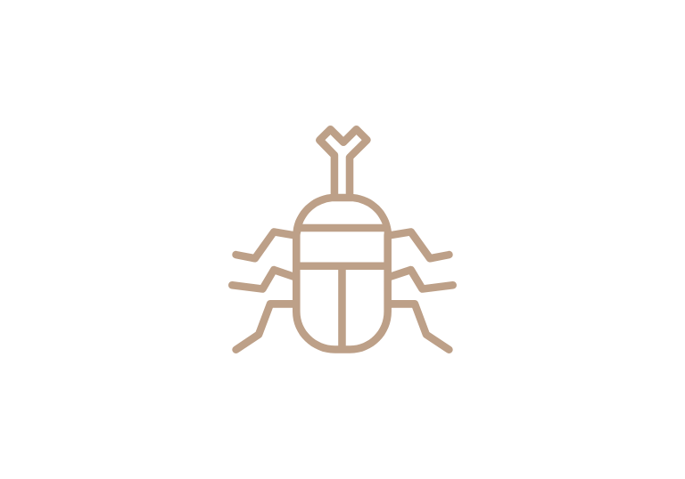 Minimalist tan line art icon of a rhinoceros beetle on a solid black background.