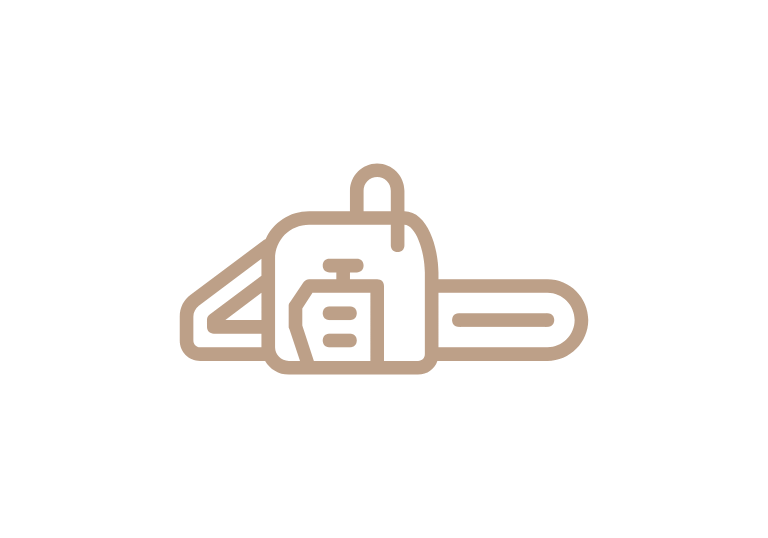 Minimalist tan chainsaw line art icon isolated on a black background for logging or gardening tools.