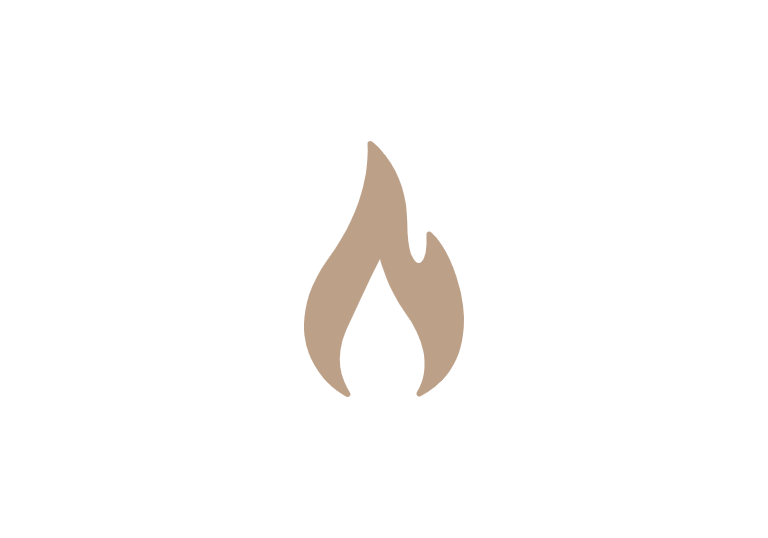 Minimalist tan flame icon centered on a solid black background, representing heat or energy.