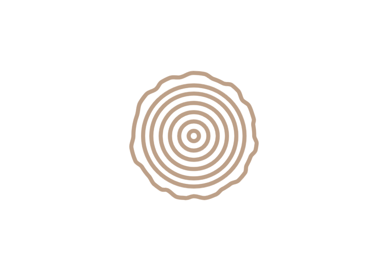 Minimalist wood grain icon showing concentric tree rings in a circular cross-section design.