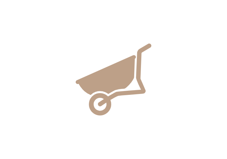 Minimalist tan wheelbarrow icon for gardening and construction equipment on a black background.