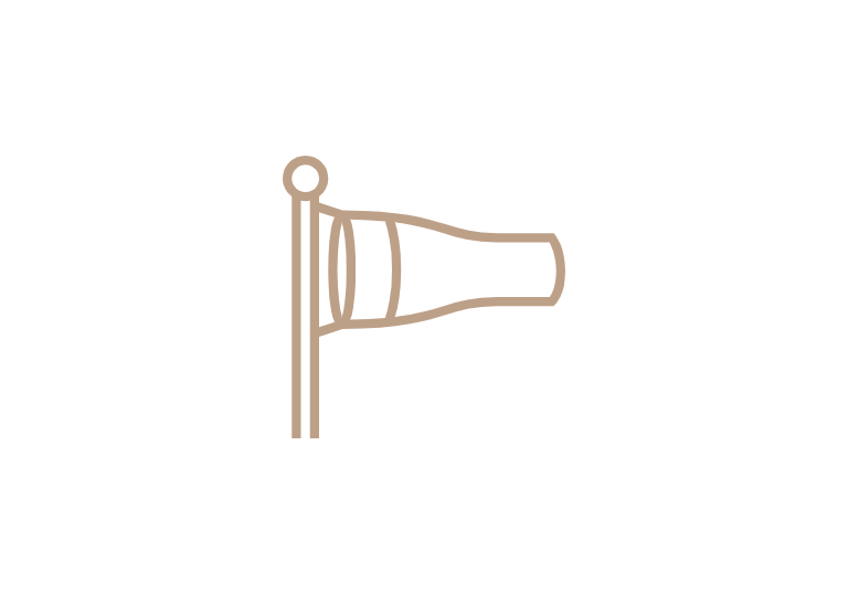 Minimalist tan windsock icon indicating wind direction and speed isolated on a black background.