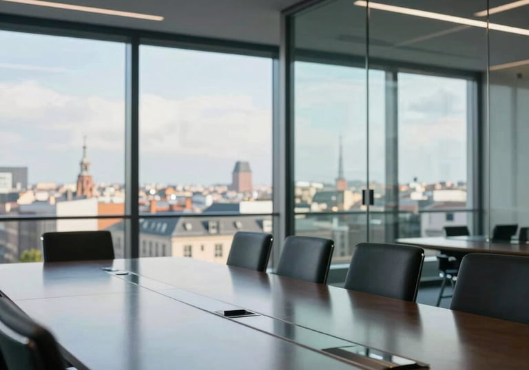 A sophisticated glass-walled conference room with a view of a European cityscape, reflecting professionalism.
