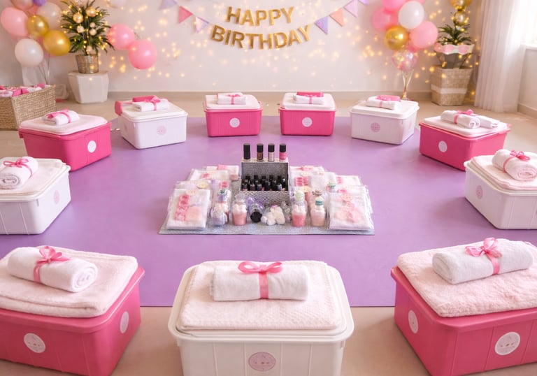 תמונה צבעונית של שולחן יום הולדת בעיצוב ספא לילדות. השולחן מעוצב בגווני ורוד, לבן וזהב, ועליו עוגה מ