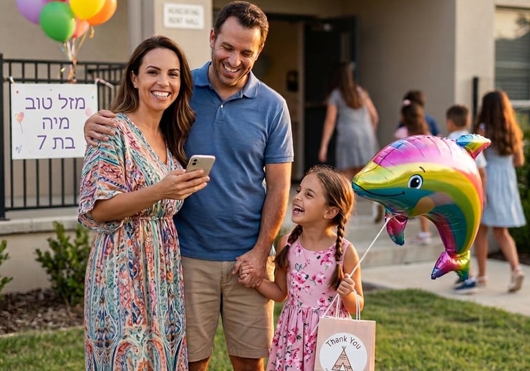 משפחה מאושרת חוגגת יום הולדת 7 עם ערכת "קסם של טיפי", שלט מזל טוב בעברית ובלונים צבעוניים בחצר הבית.